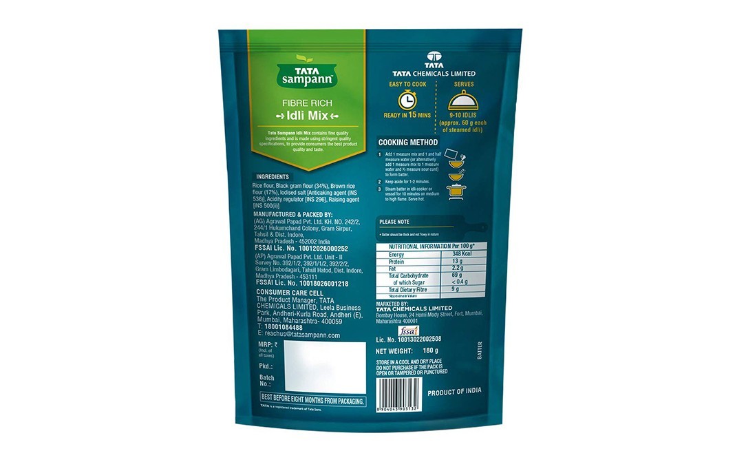Tata Sampann Fibre Rich Idli Mix    Pack  180 grams
